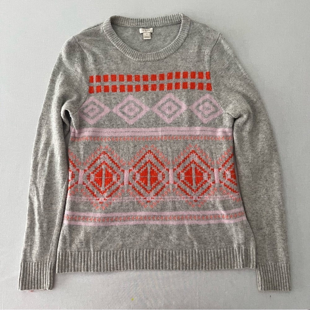 J.CREW Grey Pink & Orange Geometric Pattern Woman Merino Wool Blend Sweater Warm - Picture 1 of 7